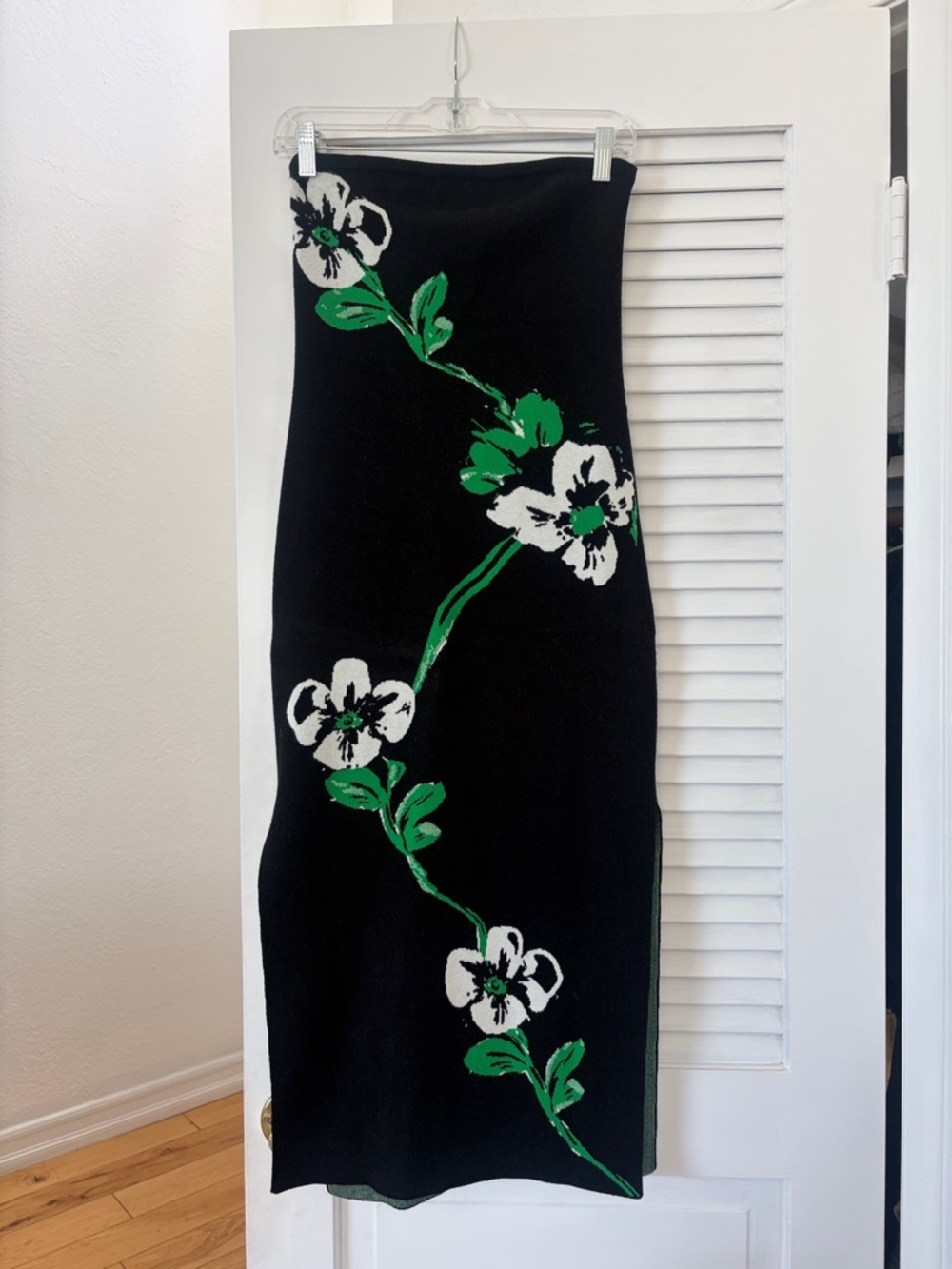Milly Knit Strapless Black Midi Dress with White & Green Floral Detail